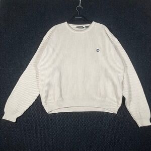Timberland VTG Men's L Cream Ribbed Cotton Knit Crewneck Sweater Logo Pullover